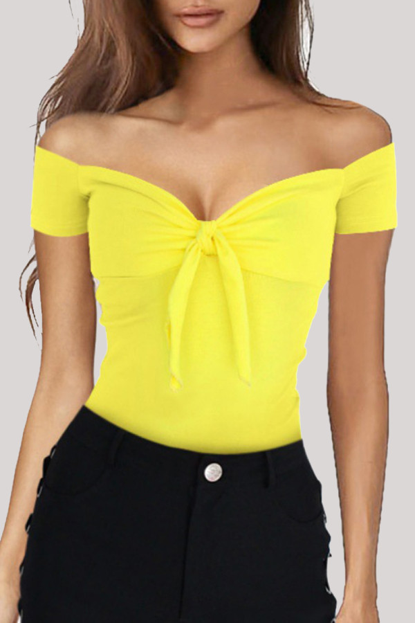 Yellow Fashion Casual Solid Backless Off the Shoulder T-Shirts
