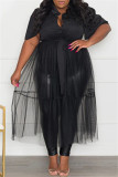 Zwarte mode casual plus size effen patchwork jurk met kraag en korte mouwen