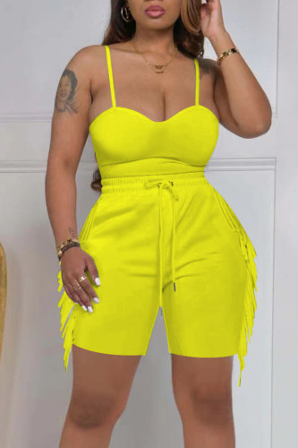 Yellow Sexy Solid Tassel Split Joint Spaghetti Strap Sleeveless Two Pieces