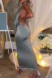 Grey Sexy Solid Patchwork Halter Pencil Skirt Dresses