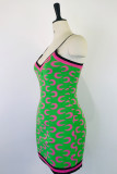 Vestidos de falda de tubo con correa de espagueti de patchwork con estampado sexy verde
