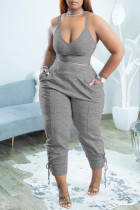 Grey Casual Solid Patchwork Spaghetti Strap Plus Size Two Pieces