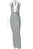 グレーのセクシーなソリッドパッチワークホルターペンシルスカートドレス