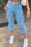 Graue, modische, lässige, solide Patchwork-Denim-Jeans mit hoher Taille und normaler Passform
