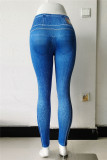 Blauwe mode casual sportkleding print patchwork skinny hoge taille potlood broek