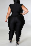 Zwarte casual effen patchwork stringy zelfkant O-hals grote maat jumpsuits
