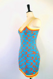 カラフルなブルーのセクシーなプリント パッチワーク スパゲッティ ストラップ ペンシル スカート ドレス