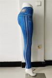 Pantaloni skinny a vita alta a vita alta con stampa patchwork casual di moda blu