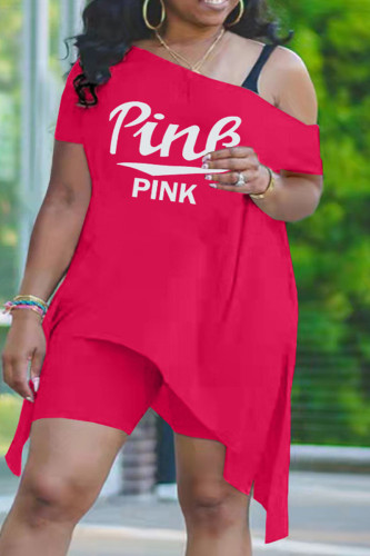 Розово-красный модный повседневный принт с буквенным принтом в стиле пэчворк асимметричный косой воротник плюс размер из двух частей