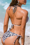 Rose Red Fashion Print Leopard Bandage Patchwork Backless Swimwears (With Paddings)