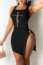 Zwarte mode sexy print spleet U-hals vest jurk