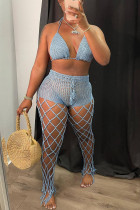 Blue Sexy Solid Hollowed Out Patchwork Sleeveless Two Pieces Crochet Knit Halter Crop Tops And Pants Sets