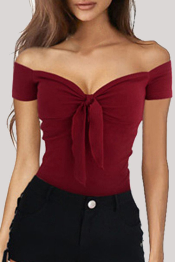 Burgundy Fashion Casual Solid Backless Off the Shoulder T-Shirts