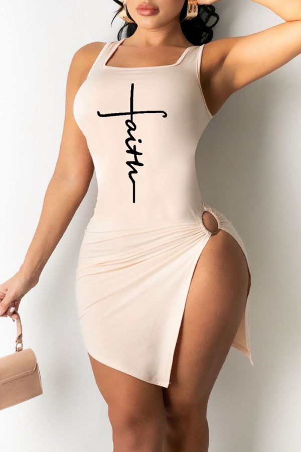 Apricot Fashion Sexy Print Schlitz U-Ausschnitt Weste Kleid