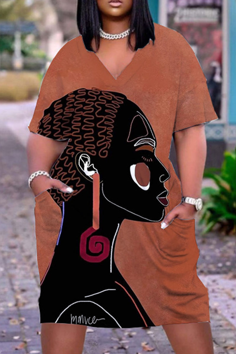 

Brown Casual Print Pocket V Neck Straight Dresses