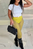 Yellow Sexy Solid Patchwork See-through Regular High Waist Pencil Solid Color Bottoms
