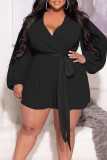 Black Casual Solid Patchwork V Neck Plus Size Jumpsuits(The Belt Is A Different Color)