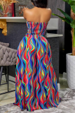 Colour Sexy Print Patchwork Strapless Sleeveless Two Pieces Front Tie Crop Tops And Skirts Sets