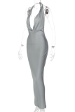 Grey Sexy Solid Patchwork Halter Pencil Skirt Dresses