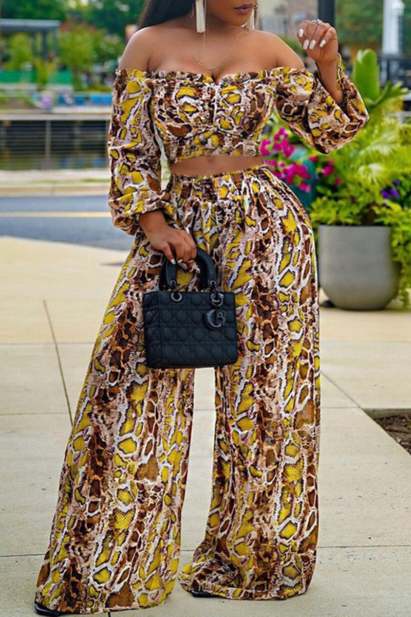 

Yellow Fashion Casual Print Backless Off the Shoulder Long Sleeve Two Pieces