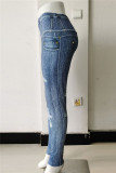 Schwarze, graue, modische, lässige, sportliche, Patchwork-Jeans mit schmaler Bleistifthose und hoher Taille