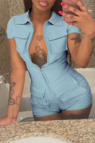 Blue Casual Solid Patchwork Zipper Turndown Collar Regular Rompers