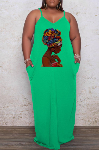 Green Casual Print Patchwork Spaghetti Strap Sling Dress Plus Size Dresses