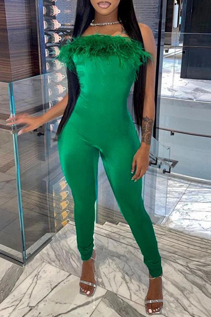 

Green Sexy Solid Split Joint Feathers Strapless Regular Jumpsuits