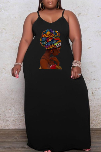 Black Casual Print Patchwork Spaghetti Strap Sling Dress Plus Size Dresses
