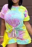 Colour Fashion Casual Print Tie-dye O Neck Short Sleeve Two Pieces