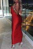 レッドのセクシーなソリッドパッチワークホルターペンシルスカートドレス