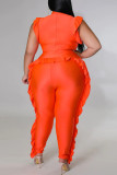 Tangerine Red Casual Solid Patchwork Stringy Selvedge O Neck Plus Size Jumpsuits