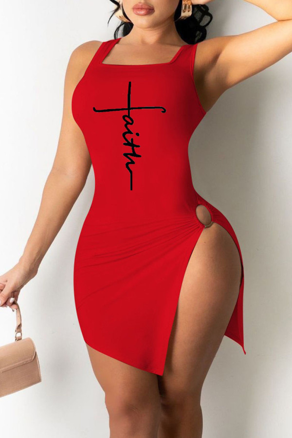 Red Fashion Sexy Print Schlitz U-Ausschnitt Weste Kleid