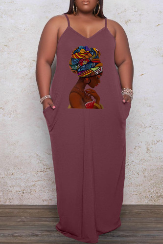 Brown Casual Print Patchwork Spaghetti Strap Sling Dress Plus Size Dresses