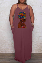 Vestido de tirante de espagueti de patchwork con estampado casual marrón Vestidos de talla grande