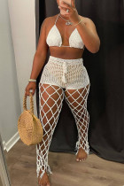 White Sexy Solid Hollowed Out Patchwork Sleeveless Two Pieces Crochet Knit Halter Crop Tops And Pants Sets
