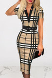 Black And White Sexy Print Patchwork With Belt V Neck One Step Skirt Dresses