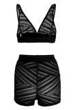 Black Fashion Sexy Solid Patchwork Tear Backless Spaghetti Strap Sleeveless Two Pieces