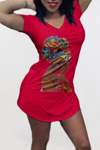 Red Casual Print Patchwork V Neck Straight Dresses