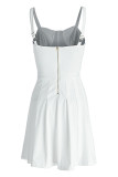 White Fashion Sexy Solid Patchwork See-through Backless Spaghetti Strap Pleated Dresses