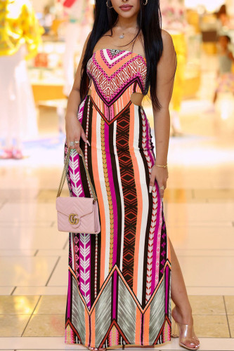 Orange Sexy Print Hollowed Out Patchwork Slit Strapless Straight Dresses