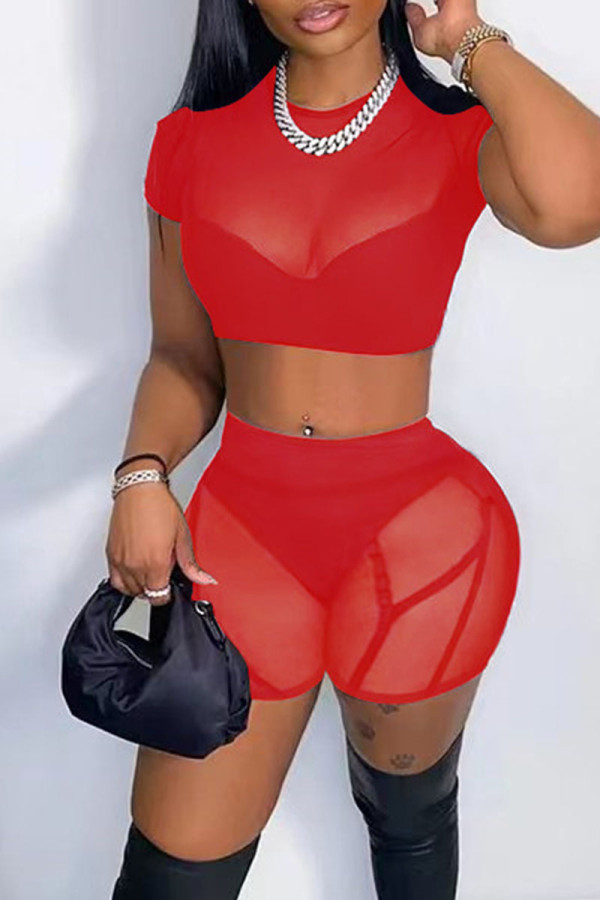 Красный сексуальный сплошной пэчворк прозрачный с круглым вырезом и коротким рукавом из двух частей