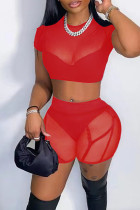 Red Sexy Solid Patchwork See-through O Neck Short Sleeve Two Pieces