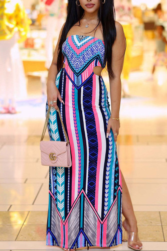 Blue Sexy Print Hollowed Out Patchwork Slit Strapless Straight Dresses