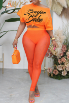 Tangerine Red Fashion Print Mesh One Shoulder Kurzarm Zweiteiler