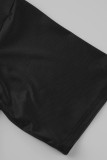 Schwarzes, modisches, lässiges Plus-Size-Letter-Print-Basic-Kleid mit O-Ausschnitt und kurzen Ärmeln