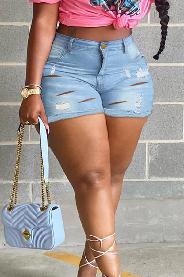 Light Blue Street Solid Hollowed Out Make Old Patchwork Plus Size Jeans