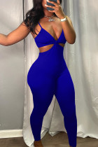 Blue Sexy Solid Hollowed Out Patchwork Spaghetti Strap Regular Jumpsuits