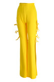 Pantalones de cintura alta regulares con abertura en el vendaje sólido casual de moda amarillo