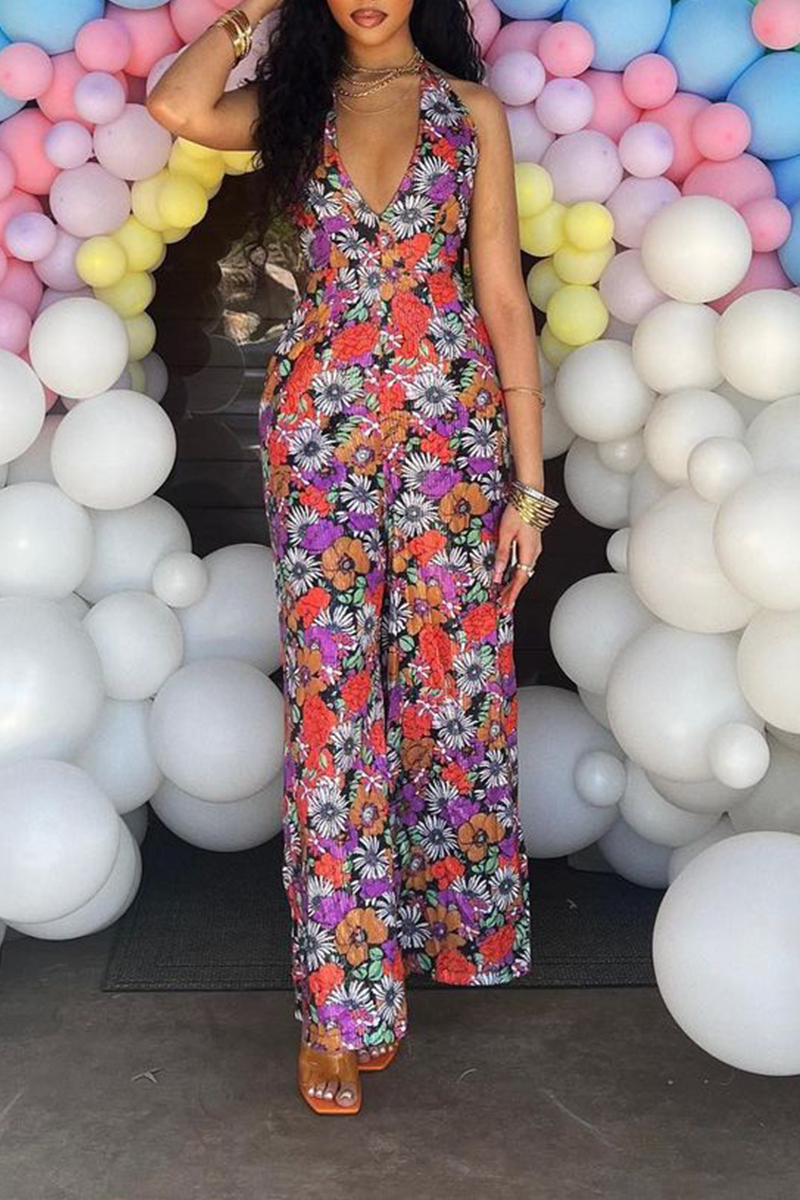 

Multicolor Sexy Print Split Joint Halter Straight Jumpsuits